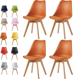Set of 4 dining chairs with orange-brown molded seats and natural wood legs