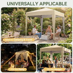 Beige pop-up gazebo canopy with mesh window side panels for outdoor gatherings