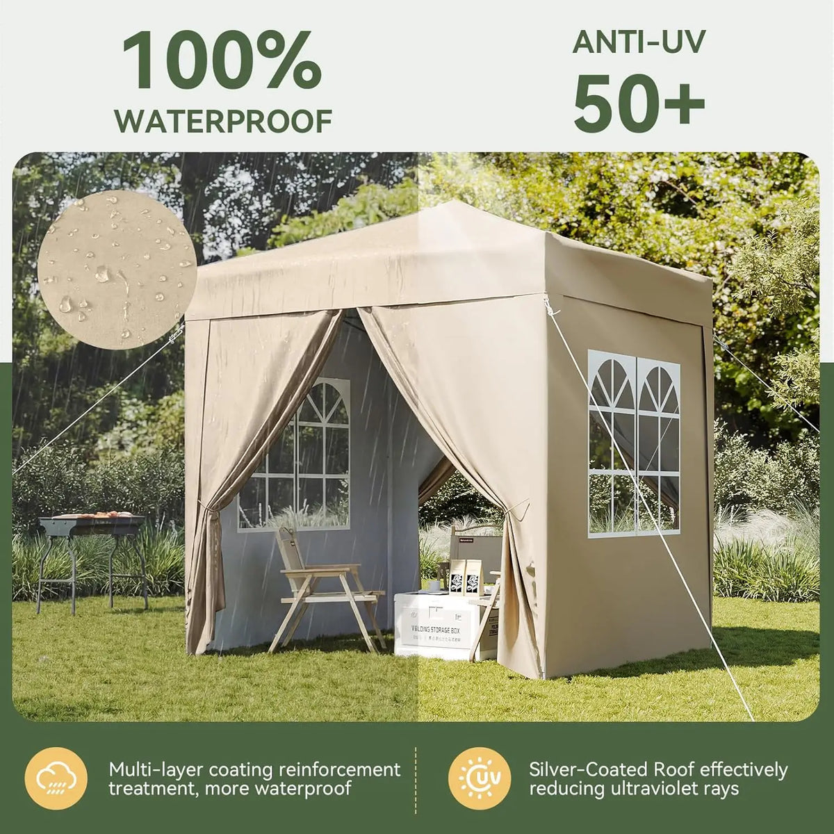 Beige pop-up gazebo tent with mesh windows and curtain side openings