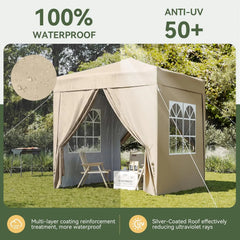 Beige pop-up gazebo tent with mesh windows and curtain side openings