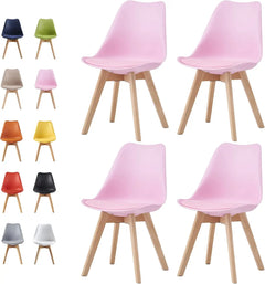 Set of 4 dining chairs with pink molded seats and natural wood legs