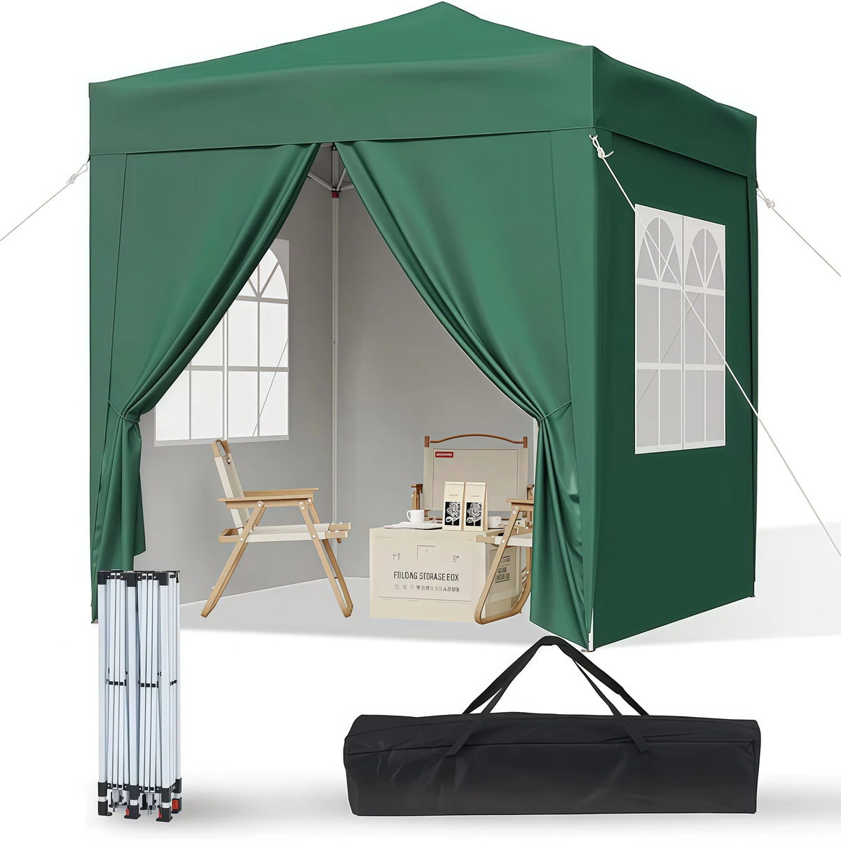 Green pop-up gazebo tent set with mesh windows, curtains, frame poles, and carry bag