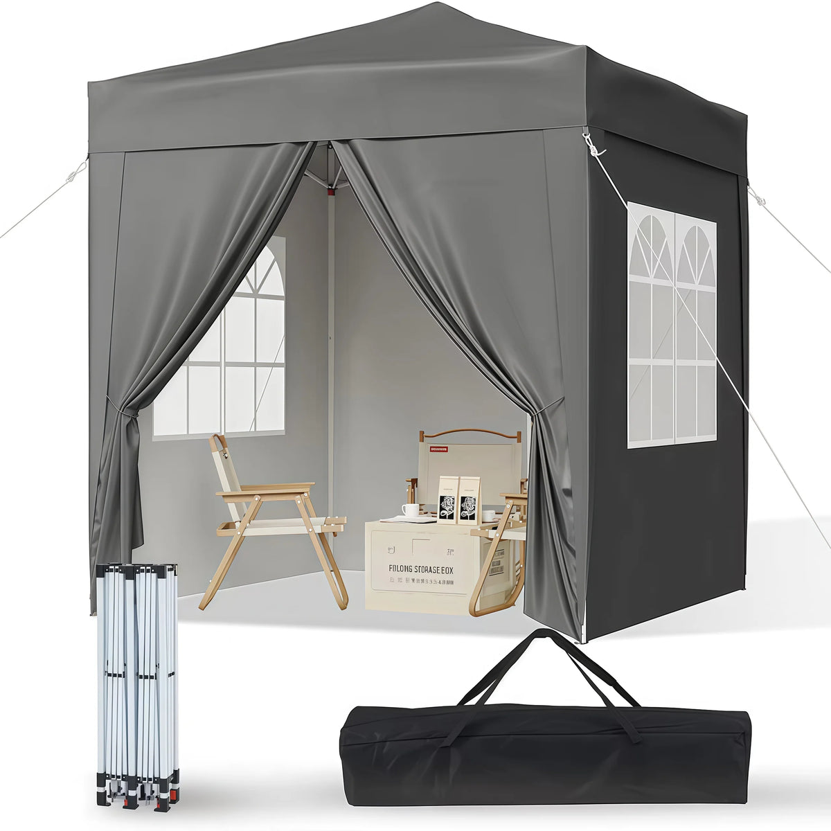 Grey pop-up gazebo tent set with mesh windows, curtains, frame poles, and carry bag