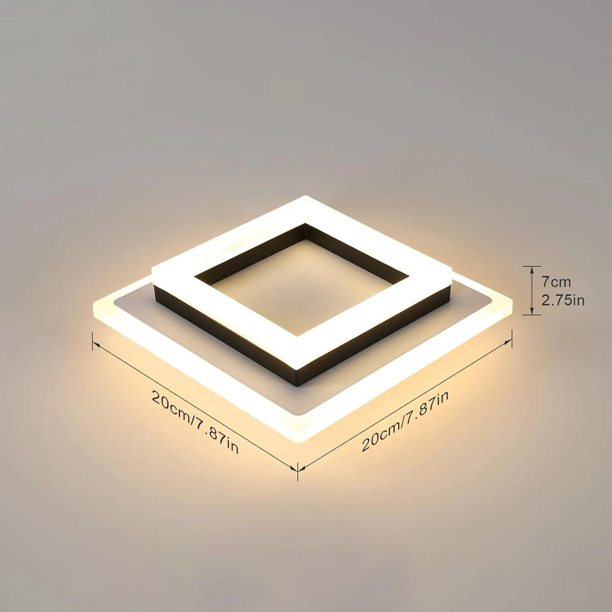 Square LED ceiling light, white frame, black inner, size 20x20cm