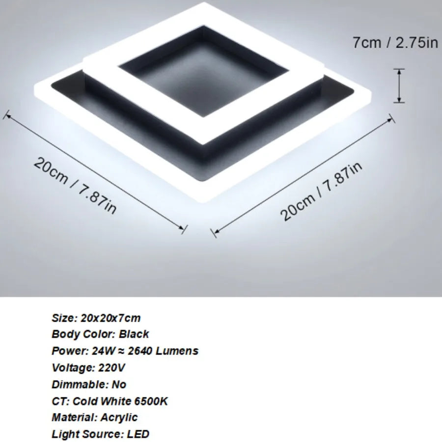 Black square LED ceiling light, 20x20x7cm, 24W, cold white 6500K, acrylic