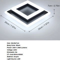 Black square LED ceiling light, 20x20x7cm, 24W, cold white 6500K, acrylic