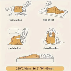 Weighted blanket infographic with usage icons and size dimensions 220x240cm