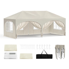 WOLTU folding pavilion gazebo with 6 sidewalls, cream canopy and draped windows