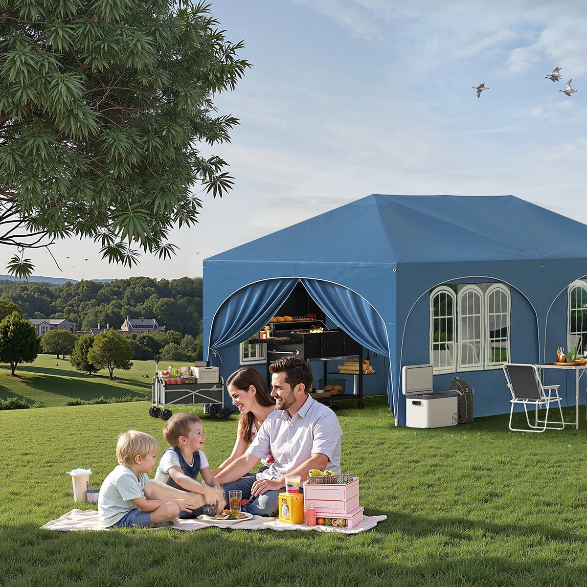 WOLTU folding pavilion gazebo with 6 sidewalls, blue canopy with draped window panels