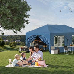 WOLTU folding pavilion gazebo with 6 sidewalls, blue canopy with draped window panels
