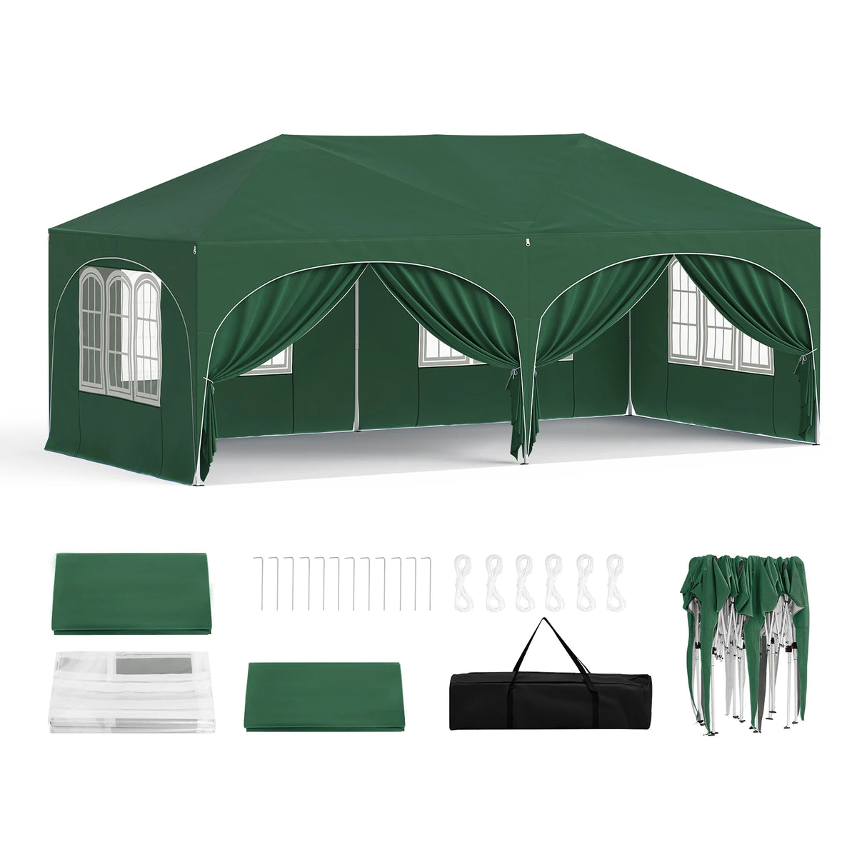 WOLTU folding pavilion gazebo with sidewalls, green canopy with draped window panels