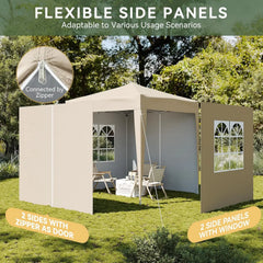 Pop-up gazebo with zippered side panels and mesh windows under a raised canopy
