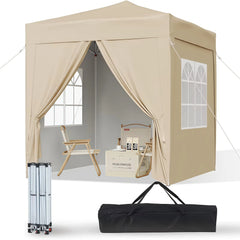 Beige pop-up gazebo canopy tent with mesh side windows and carry bag