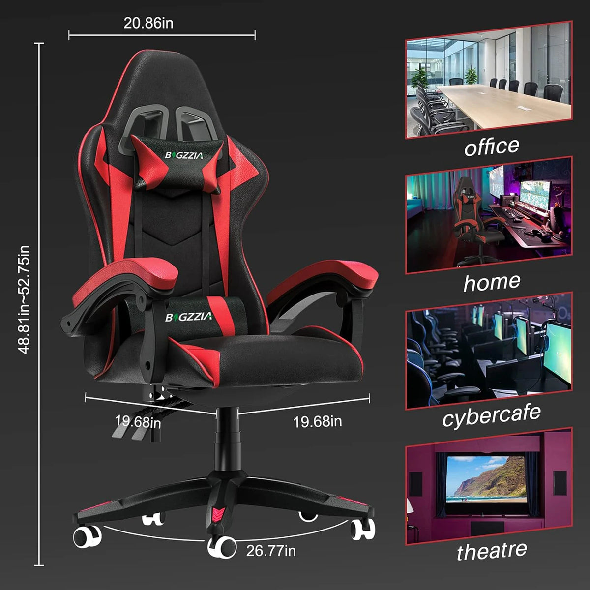 Gaming chair with black upholstery and red trim, wide armrests, and five-wheel base