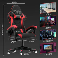 Gaming chair with black upholstery and red trim, wide armrests, and five-wheel base