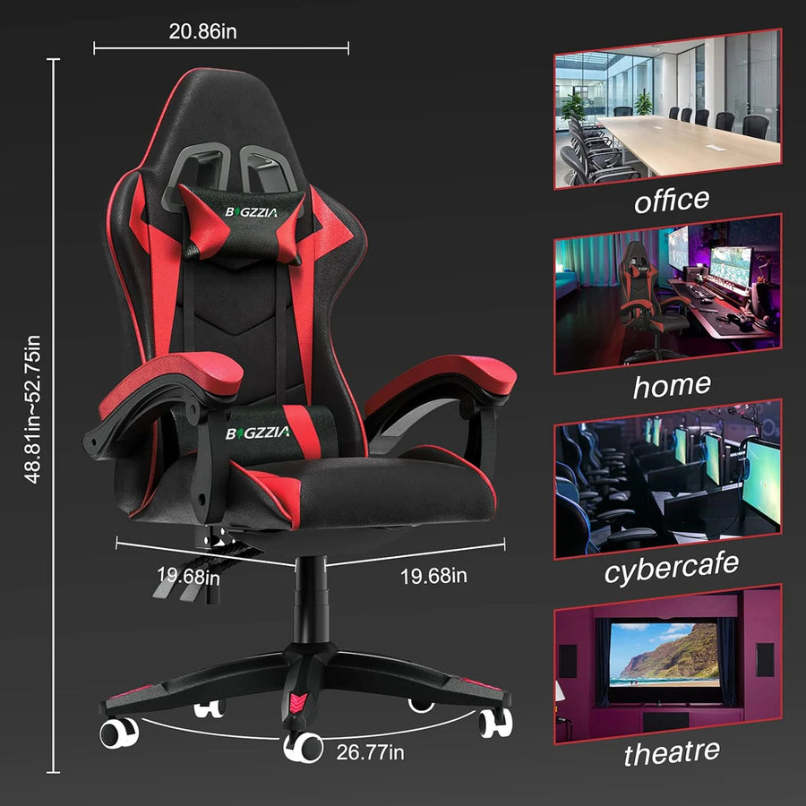 Gaming chair with black upholstery and red trim, wide armrests, and five-wheel base