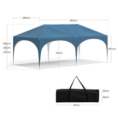 WOLTU folding pavilion gazebo size diagram, blue canopy with arched openings and bag