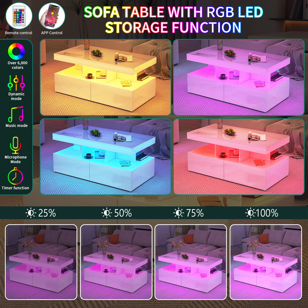 White RGB LED coffee table with open shelf and two storage drawers, remote control