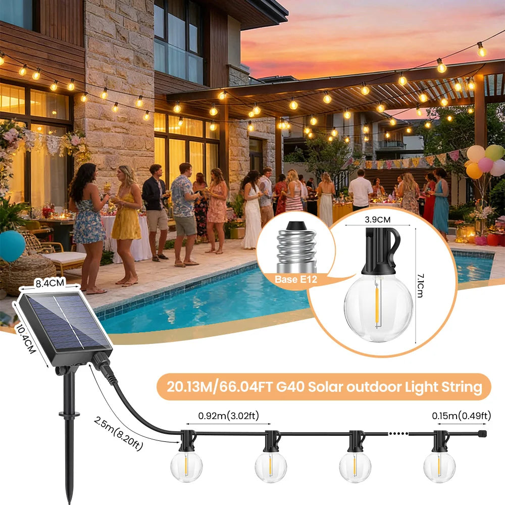 G40 globe bulb for solar light string with E12 base and length diagram.