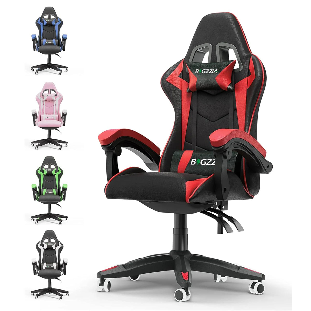 Gaming chair with black frame, red accents, cushioned arms, and reclining back