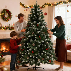 6ft artificial green Christmas tree with red berries and pine cones, full shape on stand