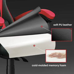 Gaming chair seat cushion with black foam, red trim, and soft PU leather armrests