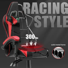 Gaming chair with black and red racing-style shell back and recline support