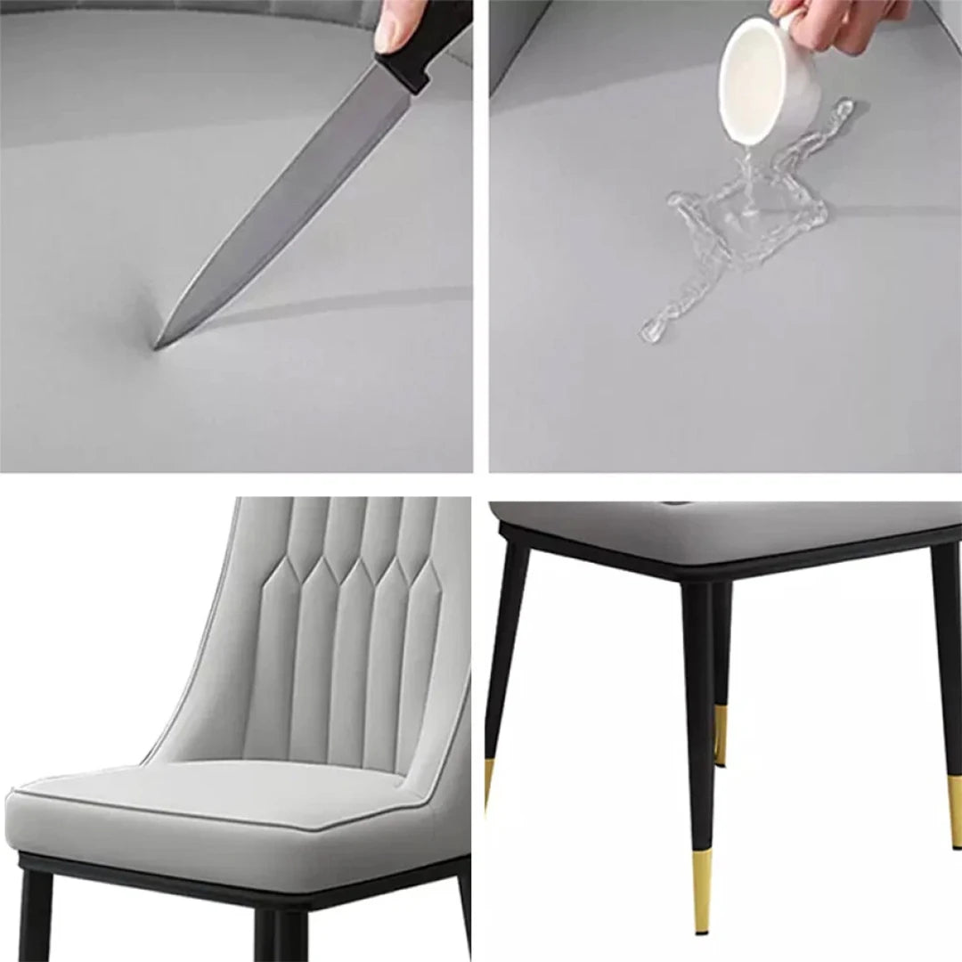 Light gray dining chair details: tufted back, padded seat, black legs with gold tips