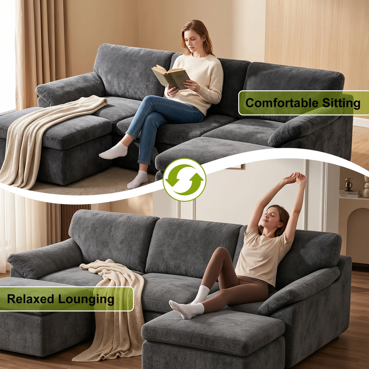 Dark gray convertible sofa bed with chaise extensions in a lounging arrangement