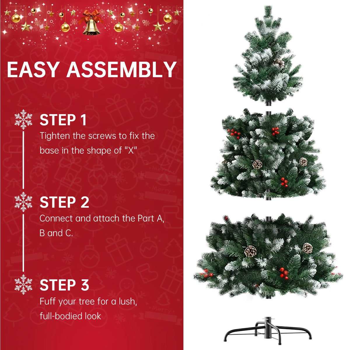 Artificial green Christmas tree with red berries and pine cones, assembled with metal stand