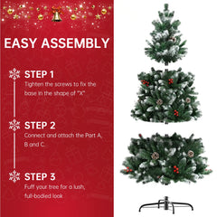 Artificial green Christmas tree with red berries and pine cones, assembled with metal stand