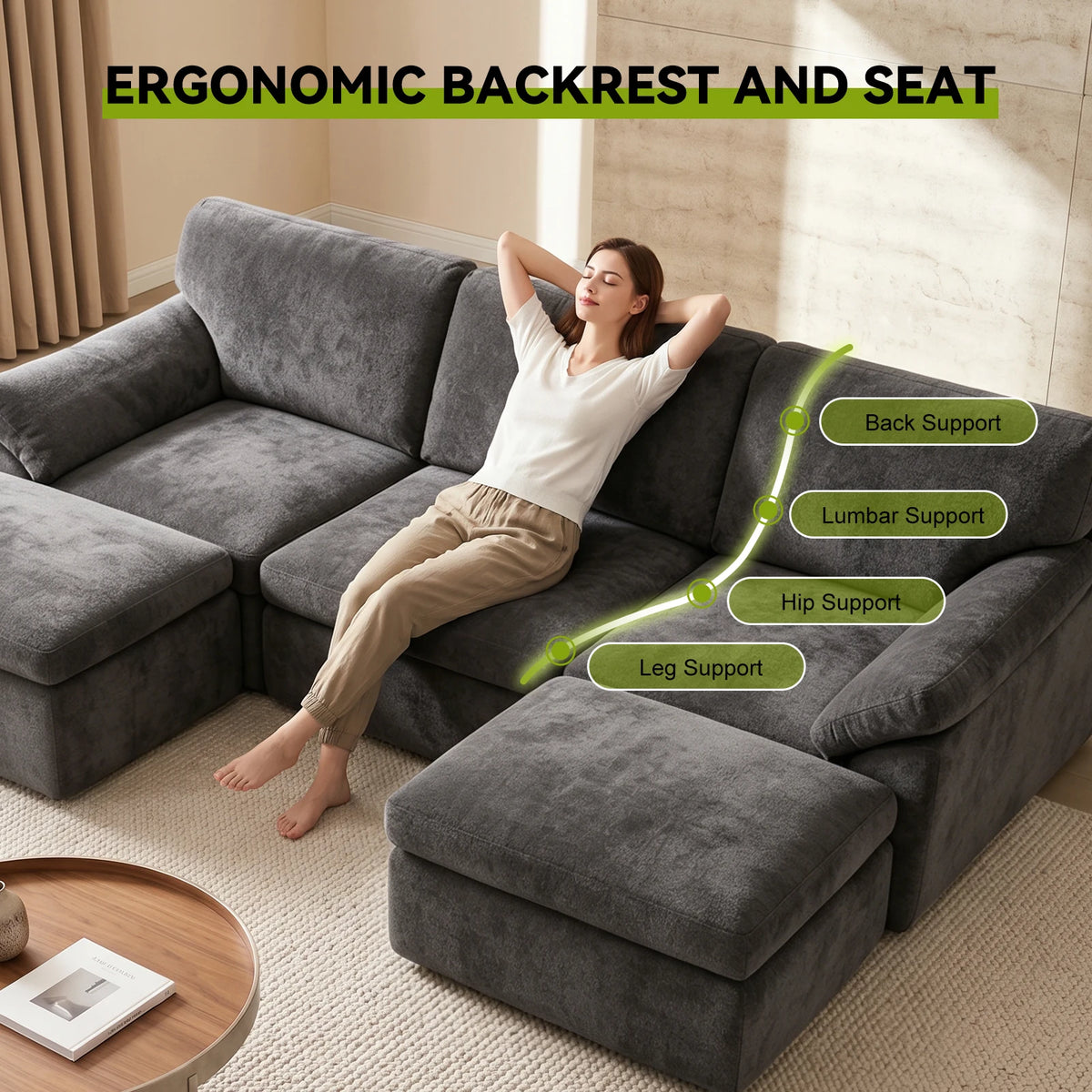 Dark gray convertible sofa bed with chaise extension and supportive seat sections