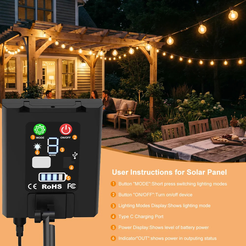 Solar string lights with controller unit for setting lighting modes and power.