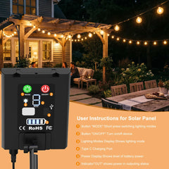 Solar string lights with controller unit for setting lighting modes and power.