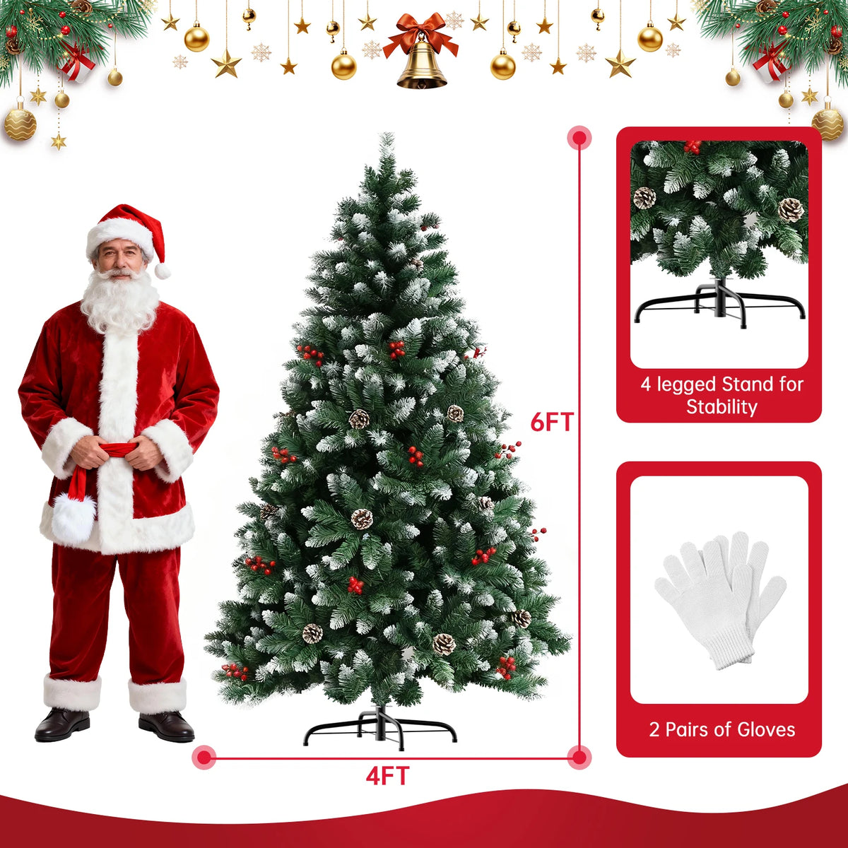 Artificial green Christmas tree with pine cones and red berries, on 4-leg foldable metal stand
