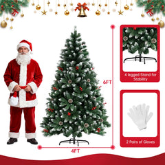 Artificial green Christmas tree with pine cones and red berries, on 4-leg foldable metal stand
