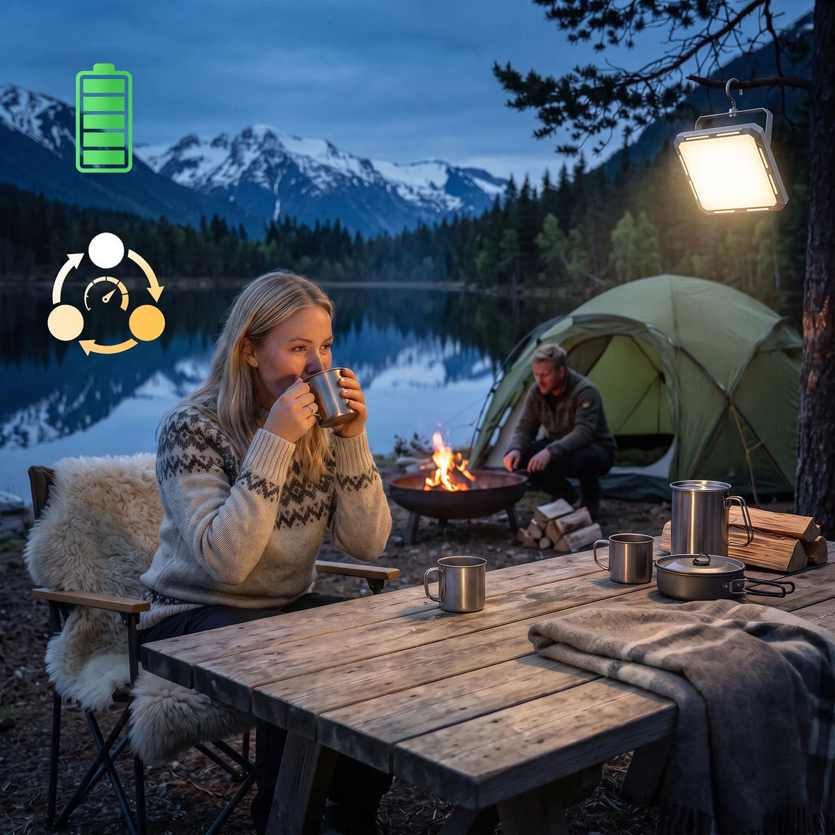 Portable LED flood light on a tripod stand near a campsite table at night