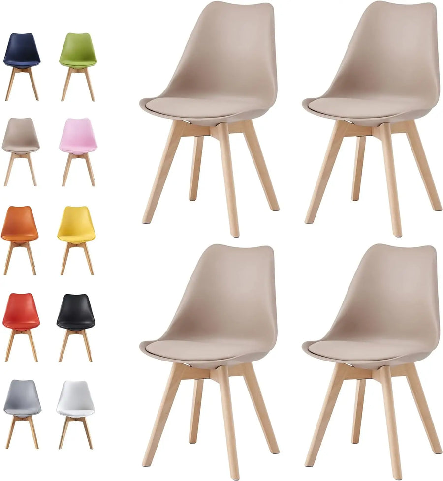 Set of 4 dining chairs with beige molded seats and natural wood legs