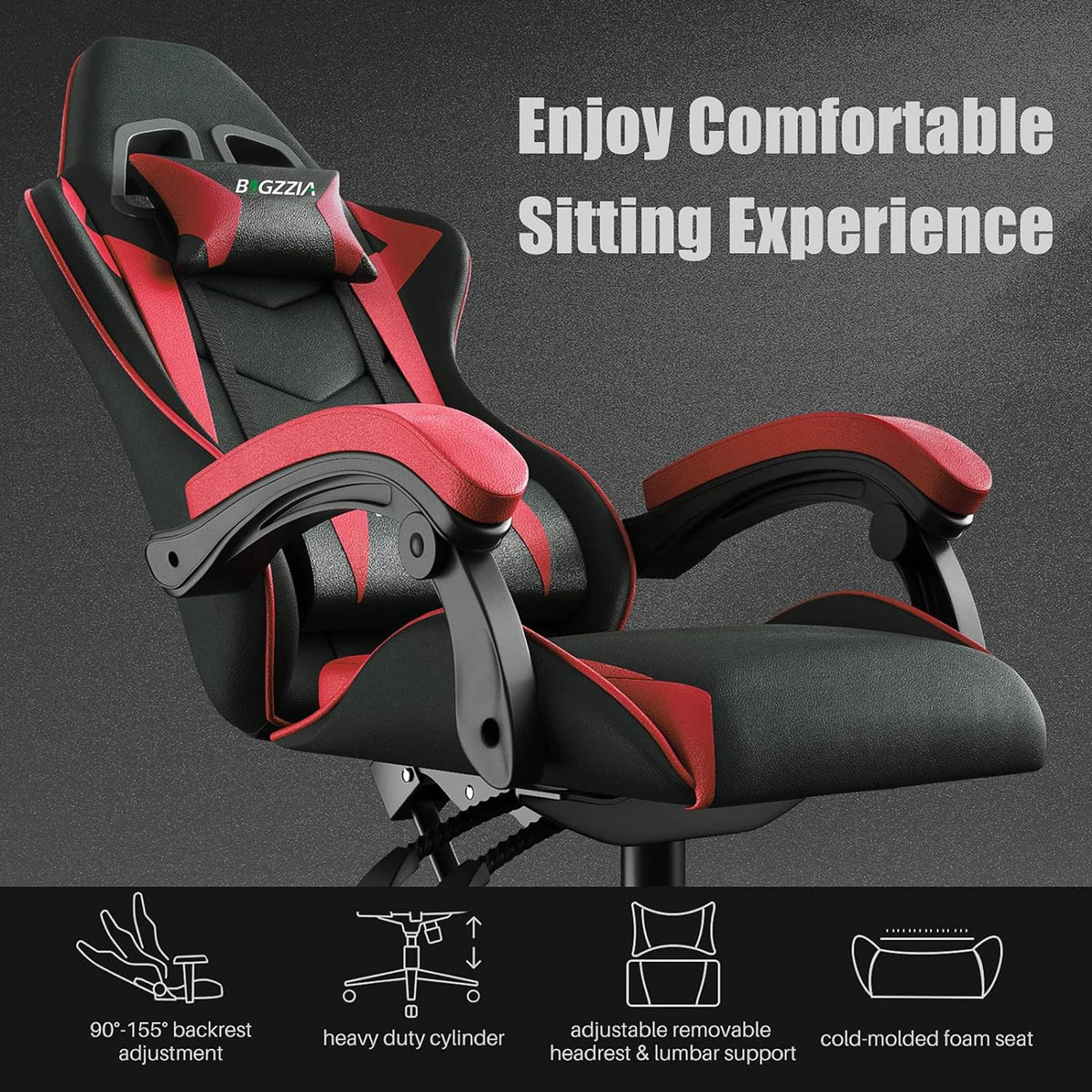 Gaming chair with black seat, red side pads, curved armrests, and recline support