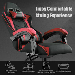 Gaming chair with black seat, red side pads, curved armrests, and recline support