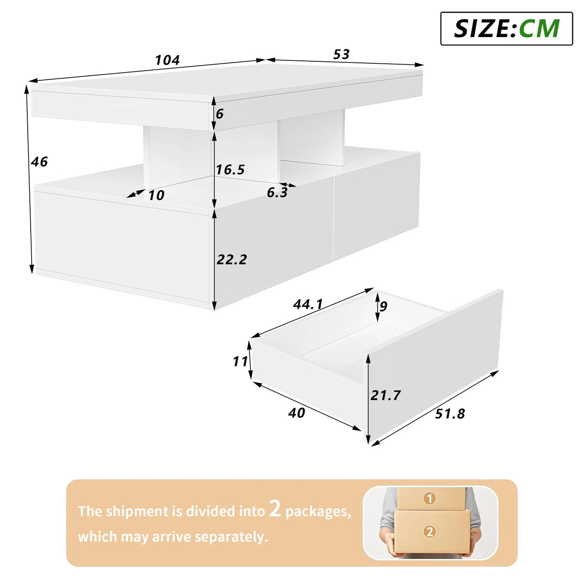 White coffee table with LED shelf; size and drawer dimensions diagram