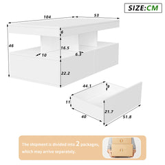 White coffee table with LED shelf; size and drawer dimensions diagram
