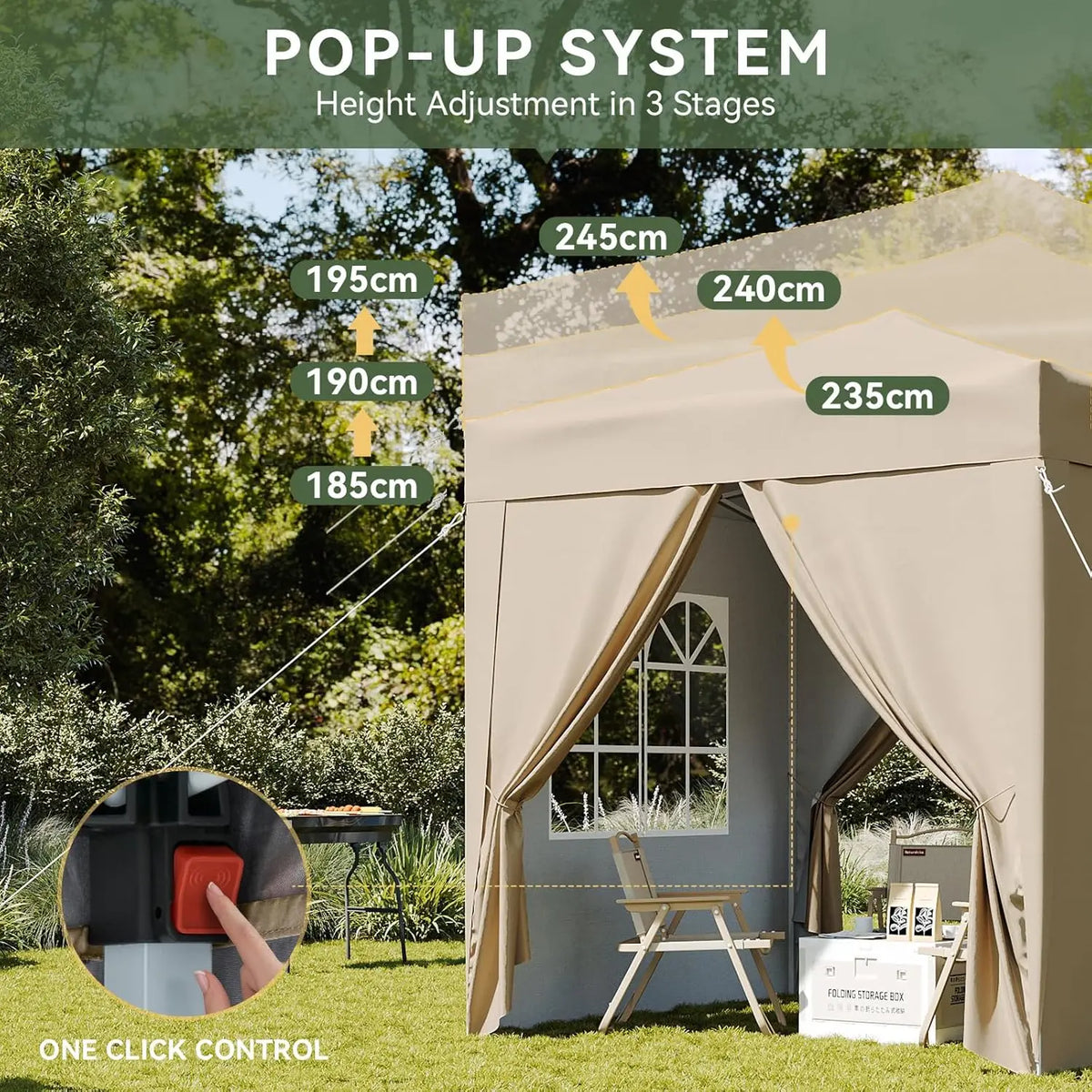 Beige pop-up gazebo canopy with adjustable height pop-up mechanism