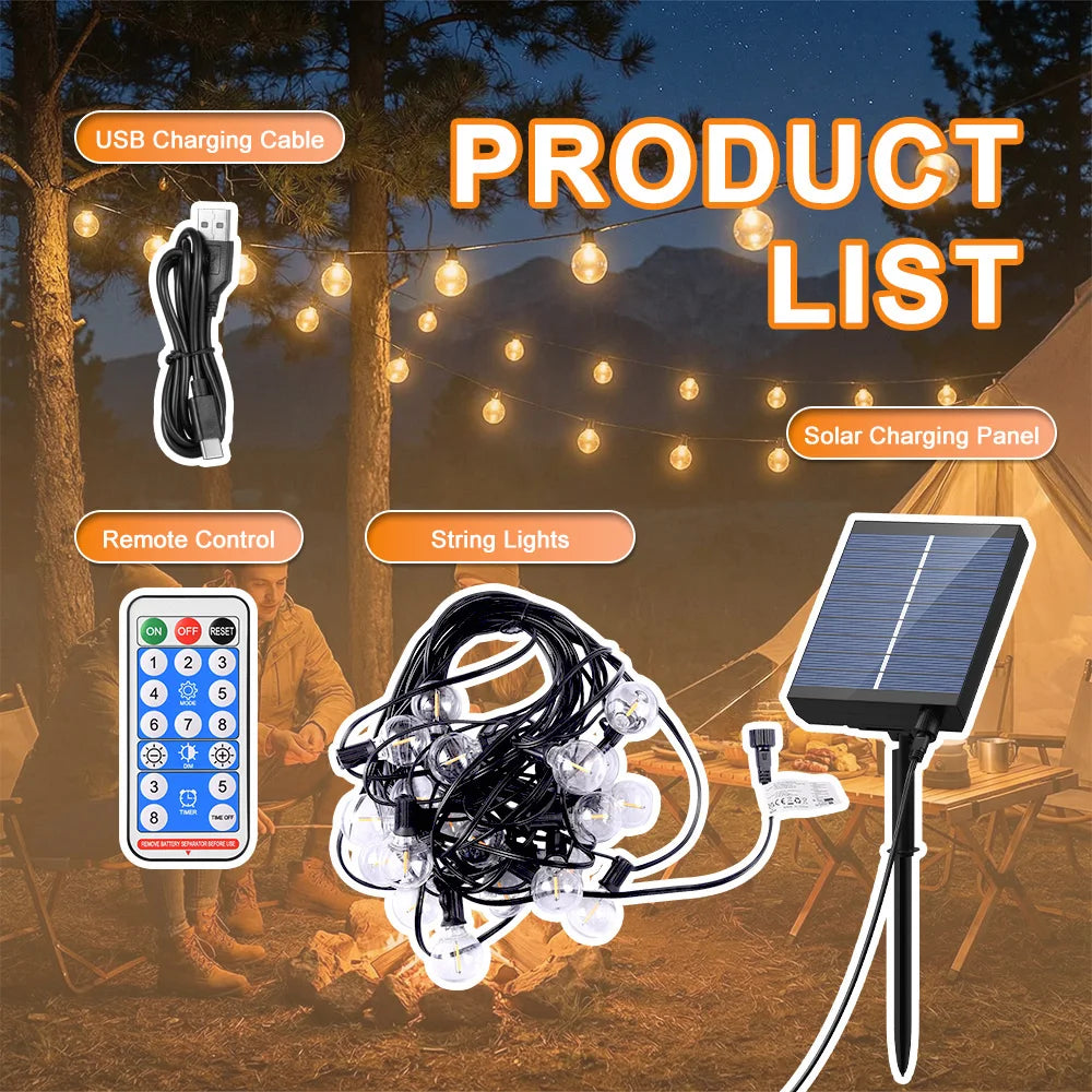 Complete solar string light kit with remote, solar panel, USB cable, and globe bulbs.