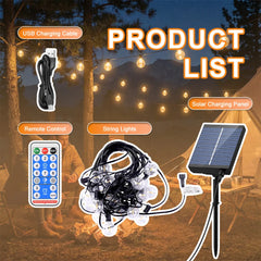 Complete solar string light kit with remote, solar panel, USB cable, and globe bulbs.