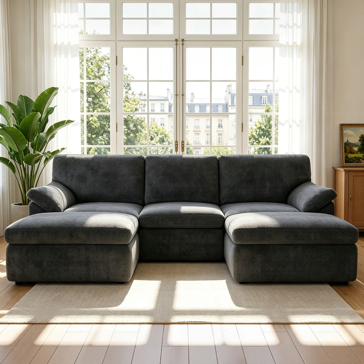 Dark gray convertible sofa bed with removable armrests and chaise sections