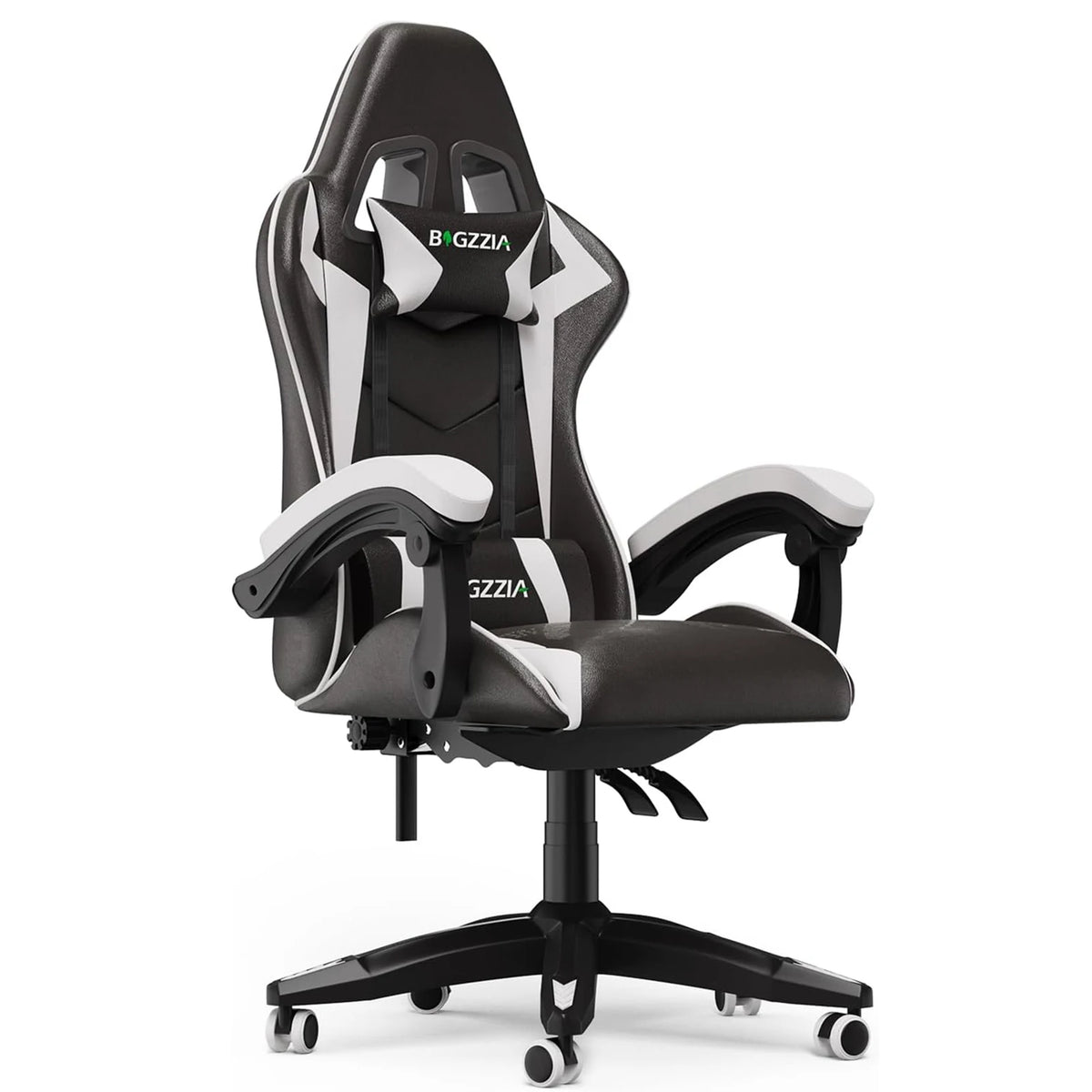 Gaming chair in black and white with cushioned arms, recline support, and caster base