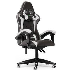 Gaming chair in black and white with cushioned arms, recline support, and caster base