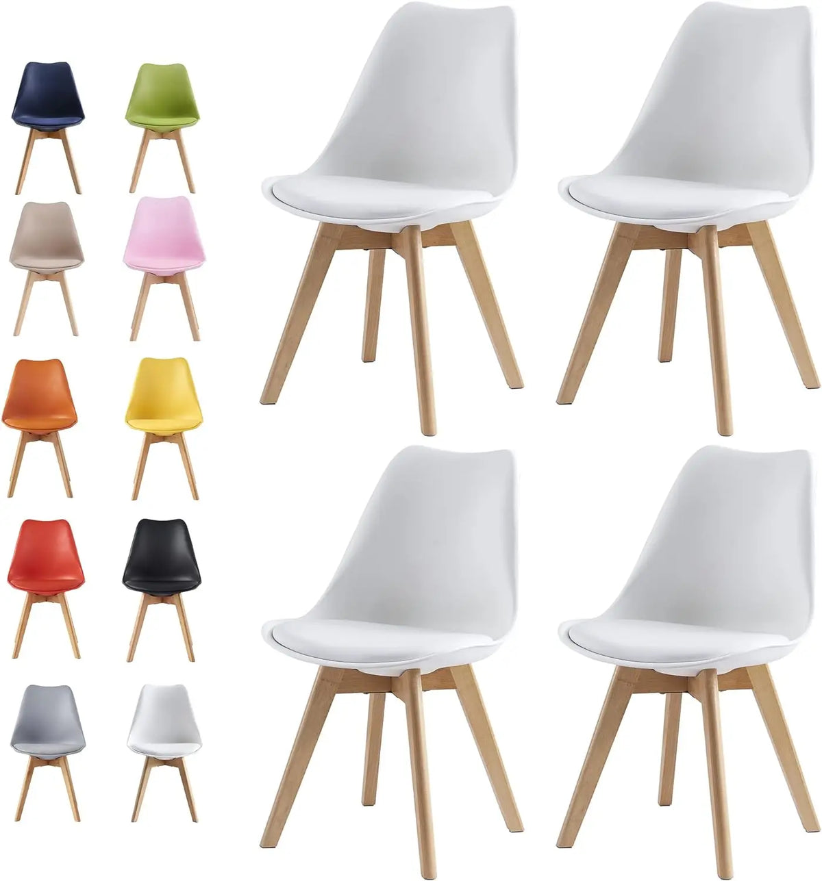 Set of 4 dining chairs with light gray molded seats and natural wood legs
