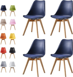 Set of 4 dining chairs with navy blue molded seats and natural wood legs